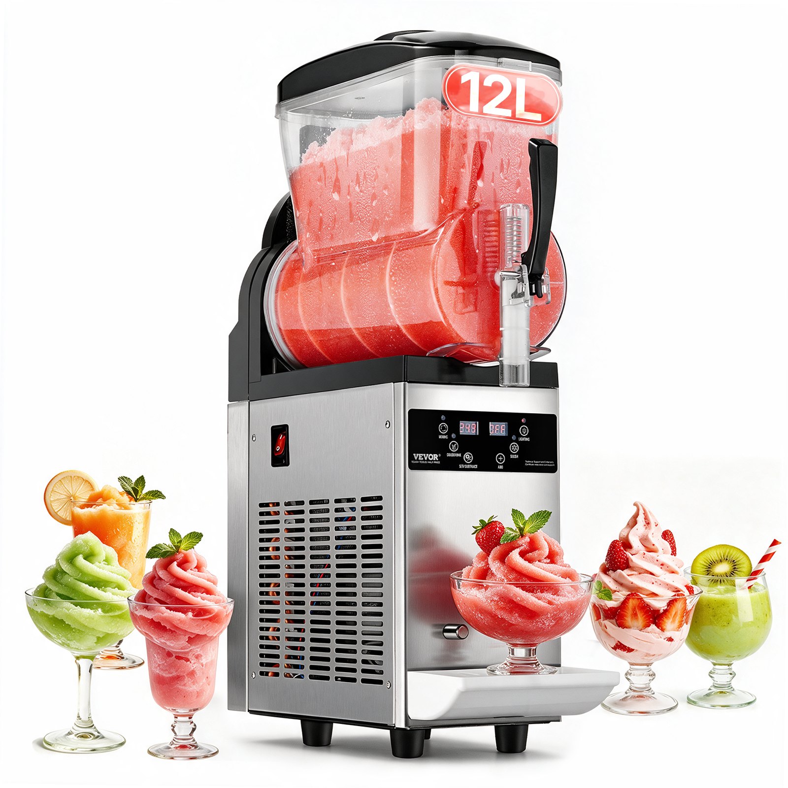 VEVOR Macchina per Bevande Ghiacciate Fredde Commerciale, Macchina per Bevande Ghiacciate Serbatoio Singolo 12 Litri, Macchina per Frullati in Acciaio Inox, Macchina per Bevande Fredde Bar Hotel