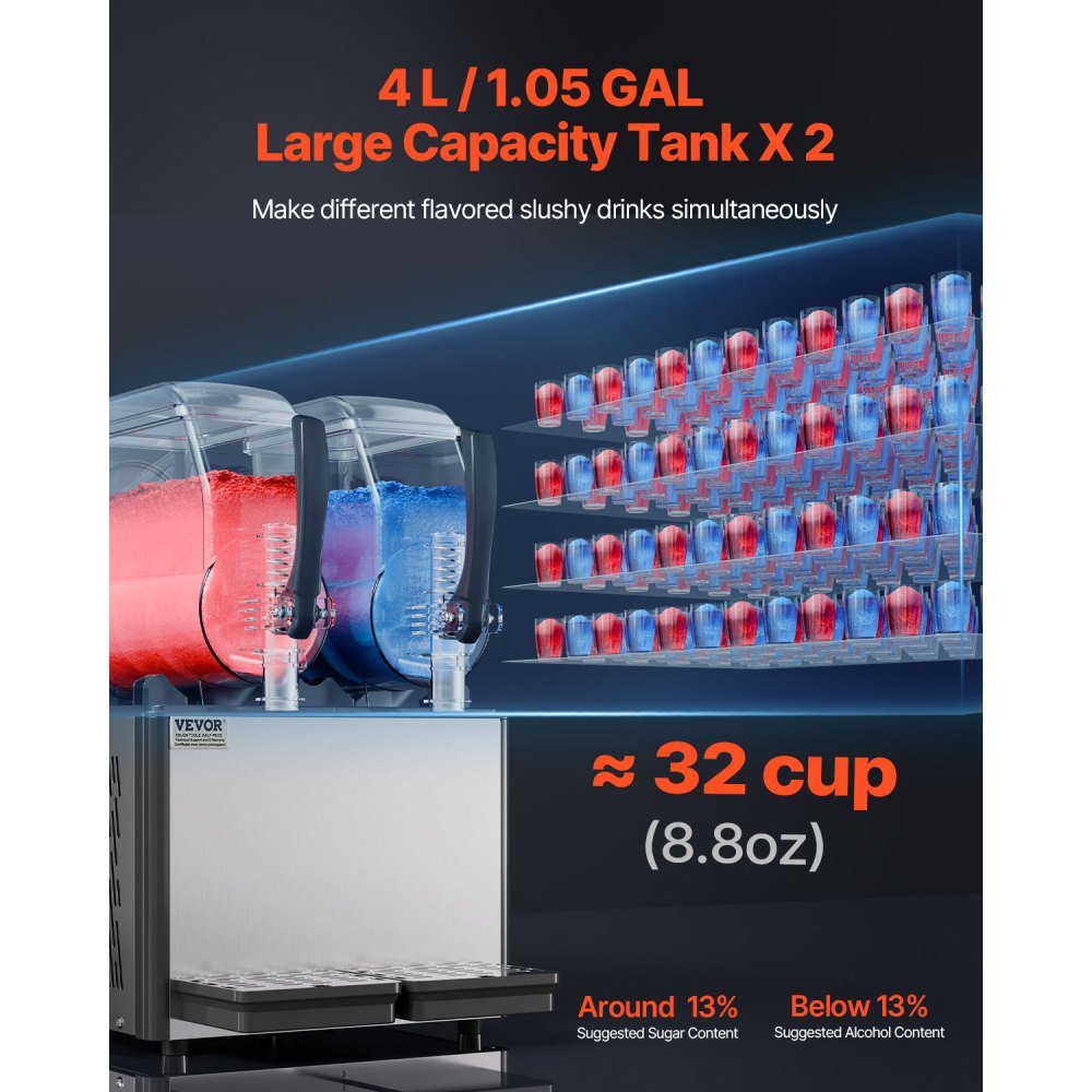 VEVOR Commercial Slush Machine 4L x 2 Dual Tank Slush Ice Machine for Frozen Drinks, 32 Cup Margarita Smoothie Machine for Home Parties, Restaurants, Cafes, and Bars