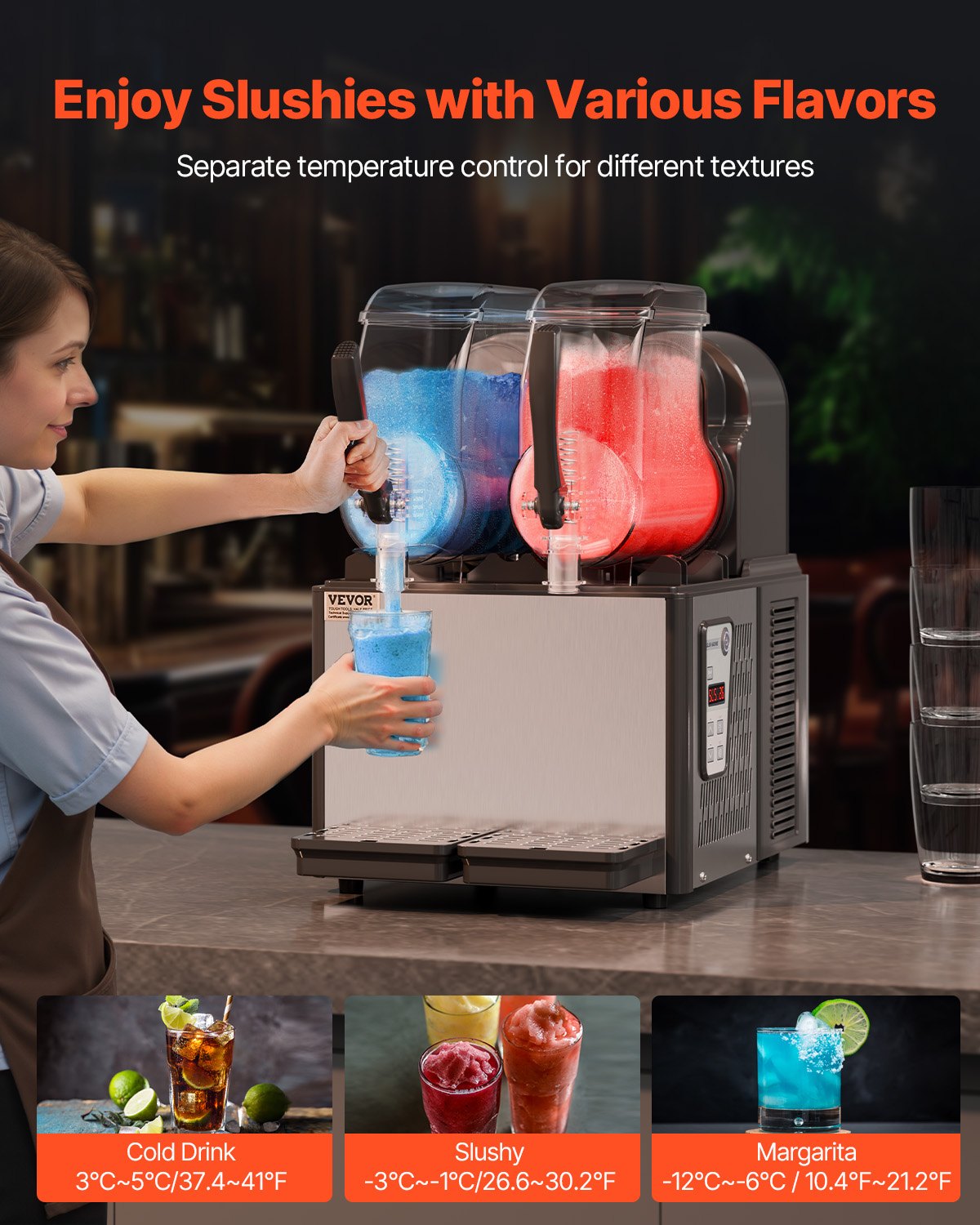 VEVOR Commercial Slush Machine 4L x 2 Dual Tank Slush Ice Machine for Frozen Drinks, 32 Cup Margarita Smoothie Machine for Home Parties, Restaurants, Cafes, and Bars