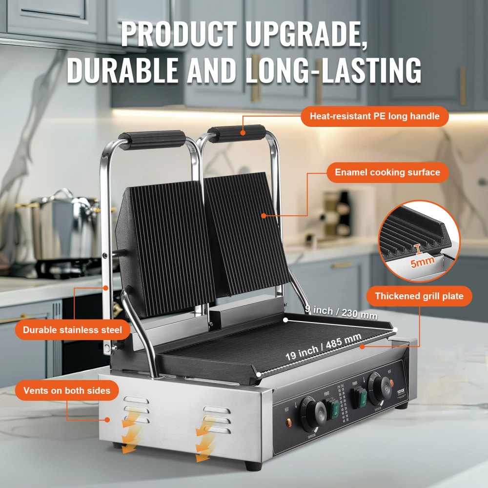 VEVOR Griglia per Panini Piadine Commerciale 3600W Elettrico Doppia Pressa per Sandwich Panini in Acciaio Inox, Temperatura Controllata Piastra Smaltata Scanalata, ca. 50°C a 300°C Griglia Doppia