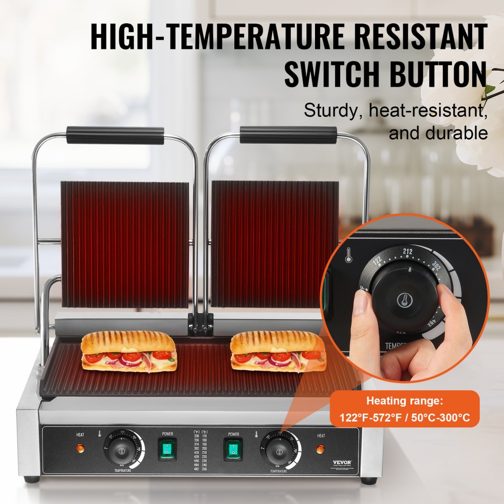 VEVOR Griglia per Panini Piadine Commerciale 3600W Elettrico Doppia Pressa per Sandwich Panini in Acciaio Inox, Temperatura Controllata Piastra Smaltata Scanalata, ca. 50°C a 300°C Griglia Doppia