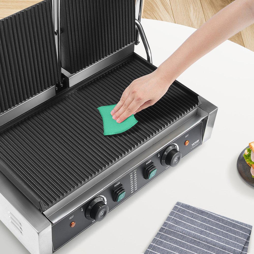 VEVOR Griglia per Panini Piadine Commerciale 3600W Elettrico Doppia Pressa per Sandwich Panini in Acciaio Inox, Temperatura Controllata Piastra Smaltata Scanalata, ca. 50°C a 300°C Griglia Doppia