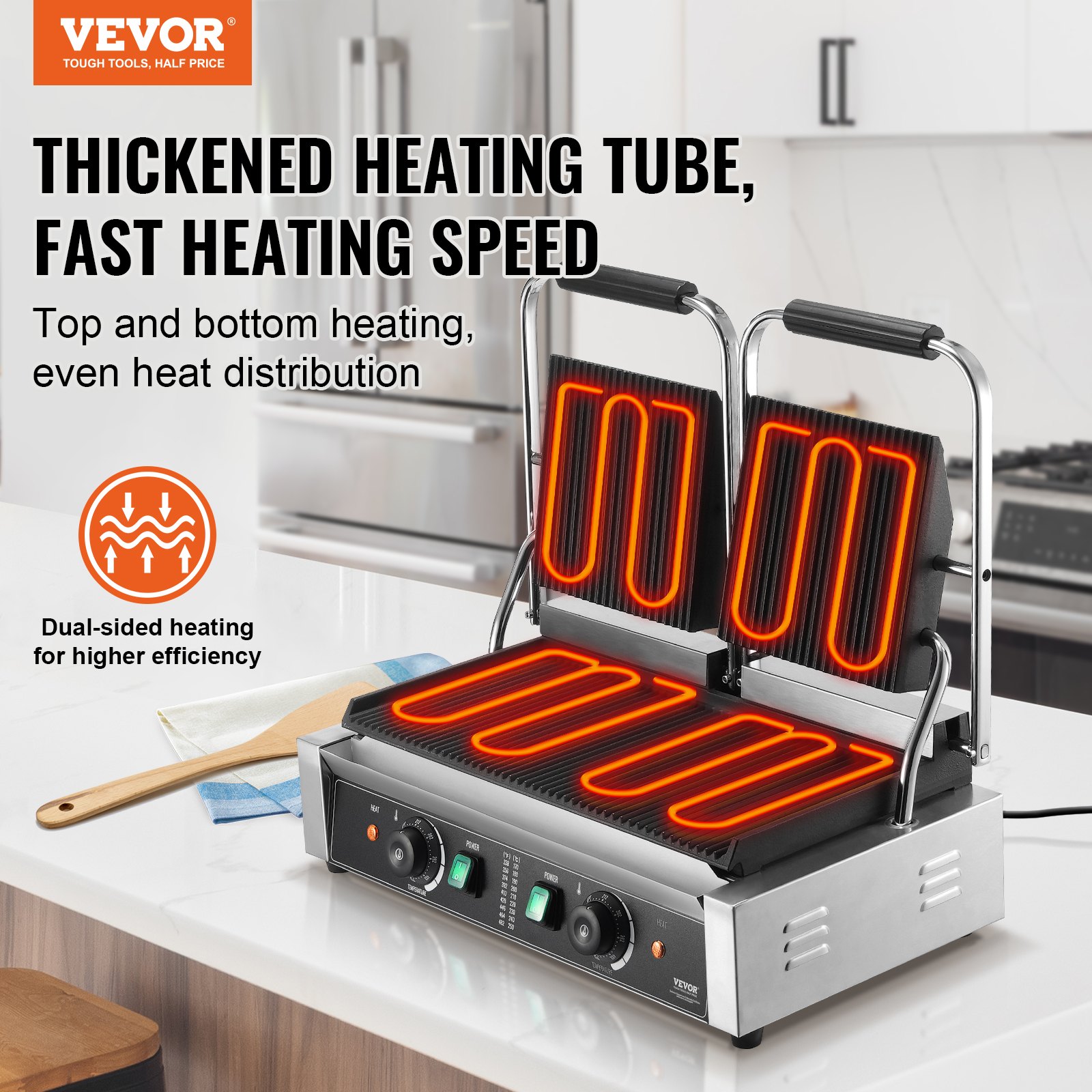 VEVOR Griglia per Panini Piadine Commerciale 3600W Elettrico Doppia Pressa per Sandwich Panini in Acciaio Inox, Temperatura Controllata Piastra Smaltata Scanalata, ca. 50°C a 300°C Griglia Doppia
