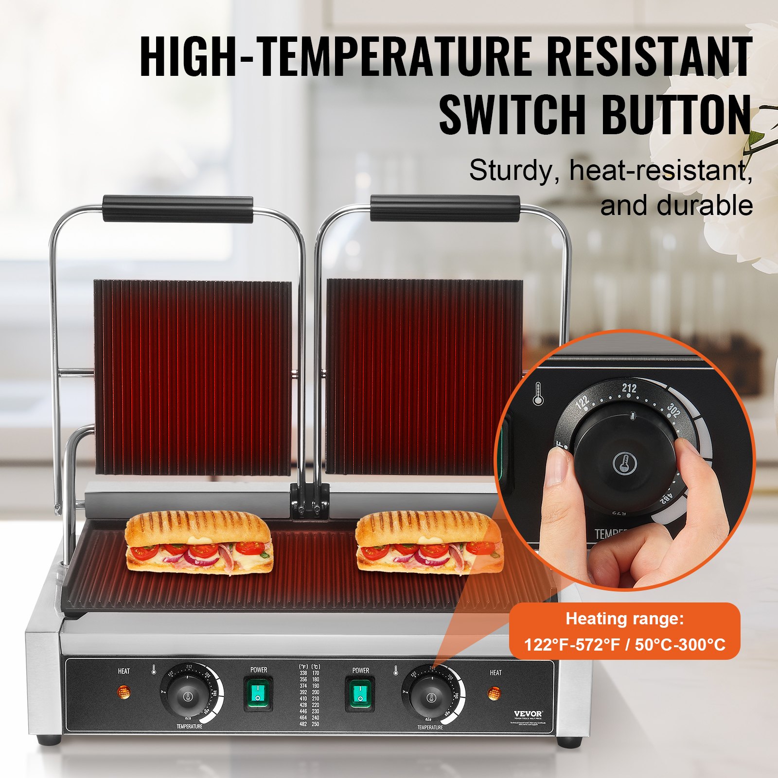VEVOR Griglia per Panini Piadine Commerciale 3600W Elettrico Doppia Pressa per Sandwich Panini in Acciaio Inox, Temperatura Controllata Piastra Smaltata Scanalata, ca. 50°C a 300°C Griglia Doppia