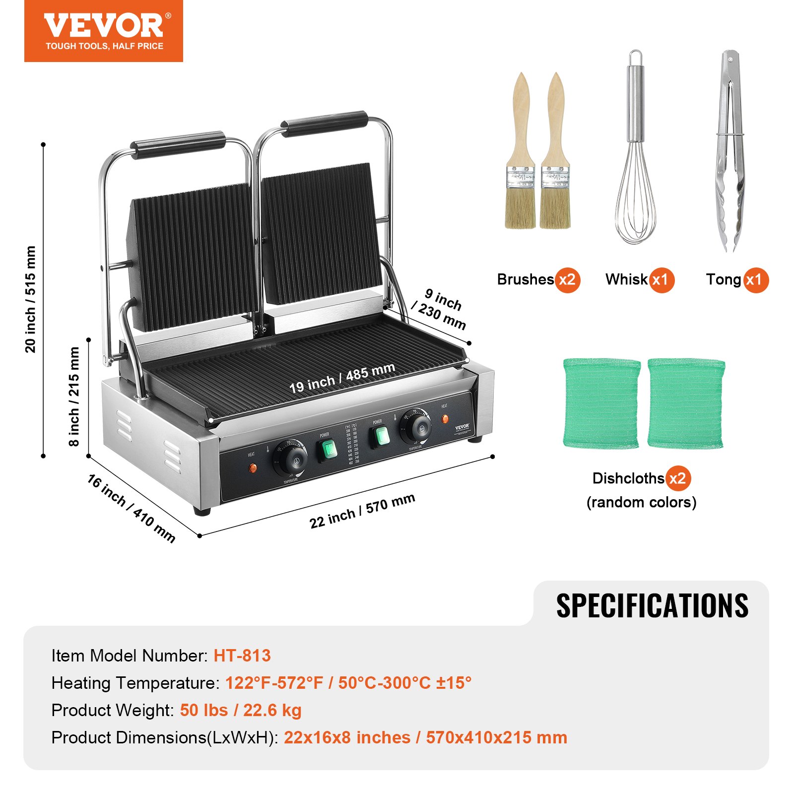 VEVOR Griglia per Panini Piadine Commerciale 3600W Elettrico Doppia Pressa per Sandwich Panini in Acciaio Inox, Temperatura Controllata Piastra Smaltata Scanalata, ca. 50°C a 300°C Griglia Doppia