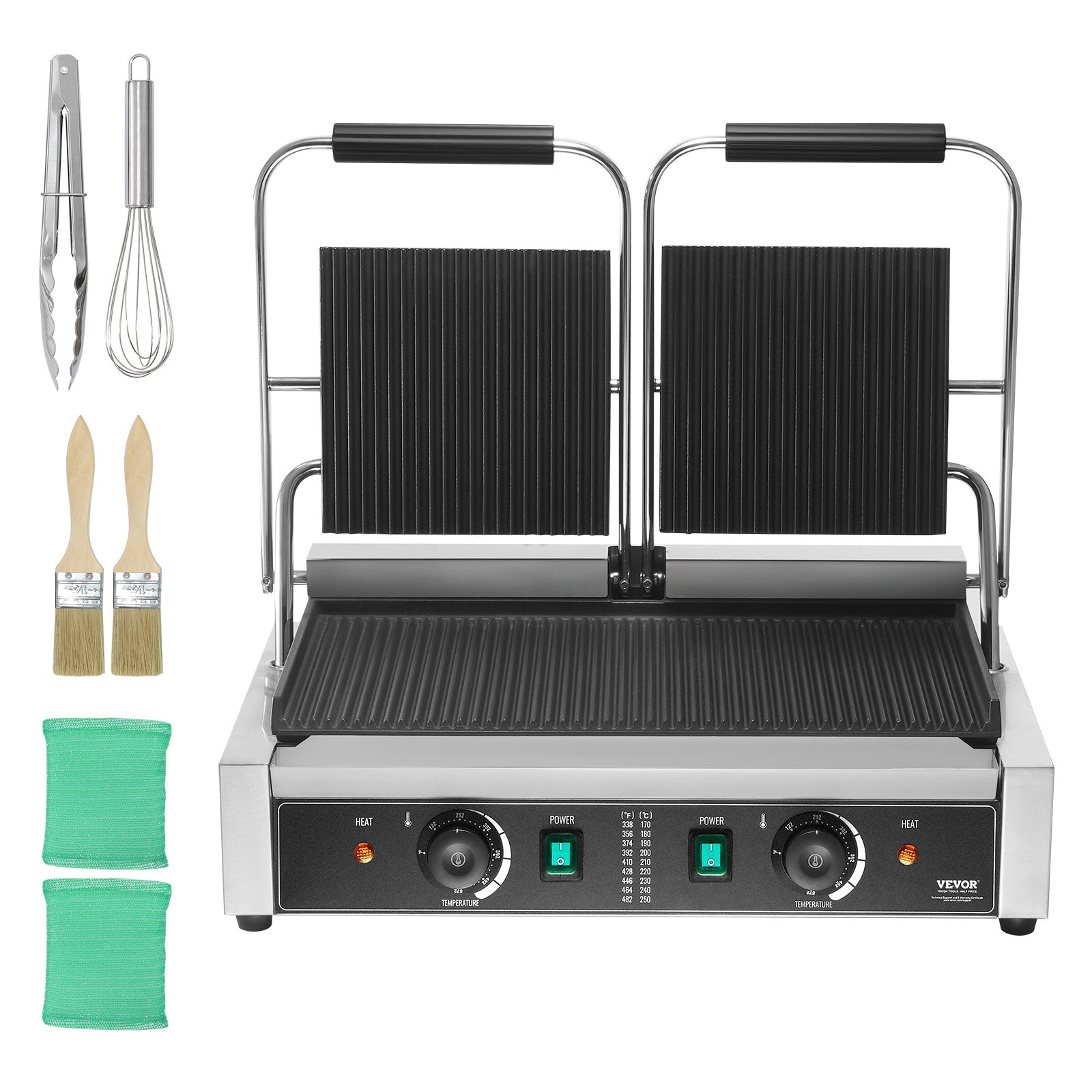 VEVOR Griglia per Panini Piadine Commerciale 3600W Elettrico Doppia Pressa per Sandwich Panini in Acciaio Inox, Temperatura Controllata Piastra Smaltata Scanalata, ca. 50°C a 300°C Griglia Doppia