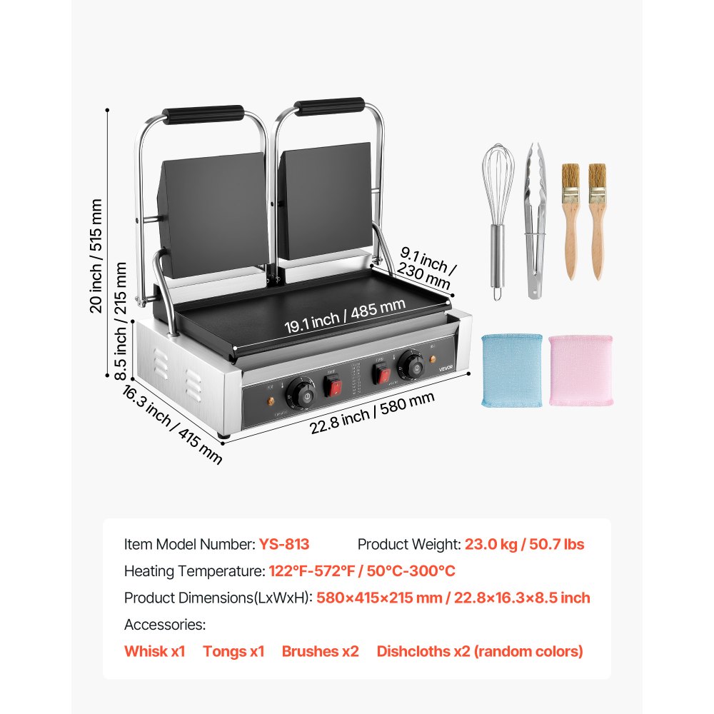 VEVOR Griglia per Panini Piadine Commerciale Elettrico Doppia Pressa per Sandwich Panini in Acciaio Inox, Temperatura Controllata Piastra Dimensioni per Cottura ca. 485x230 mm, Piastra per Panini