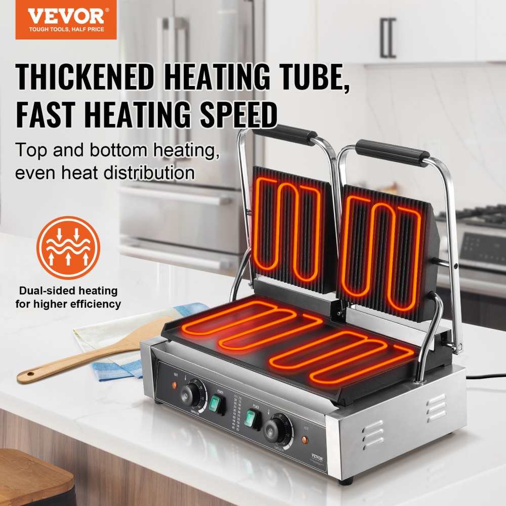 VEVOR Commercial Panini Grill, 3600W Elettrico Sandwich Panini Maker, Doppia Griglia in Acciaio Inox, con Controllo Temperatura e Piastra Piatta Smaltata 485 x 230 mm per Hamburger Bistecca Pancetta