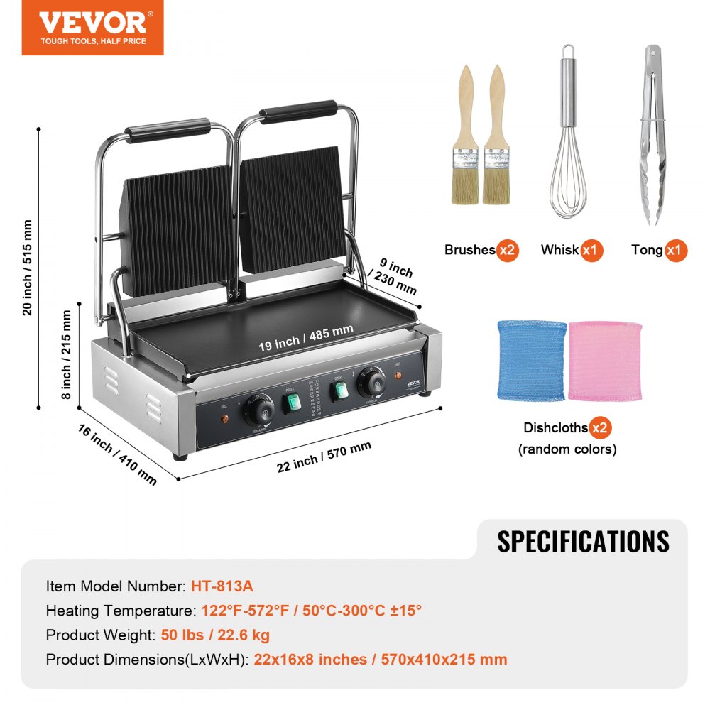 VEVOR Commercial Panini Grill, 3600W Elettrico Sandwich Panini Maker, Doppia Griglia in Acciaio Inox, con Controllo Temperatura e Piastra Piatta Smaltata 485 x 230 mm per Hamburger Bistecca Pancetta