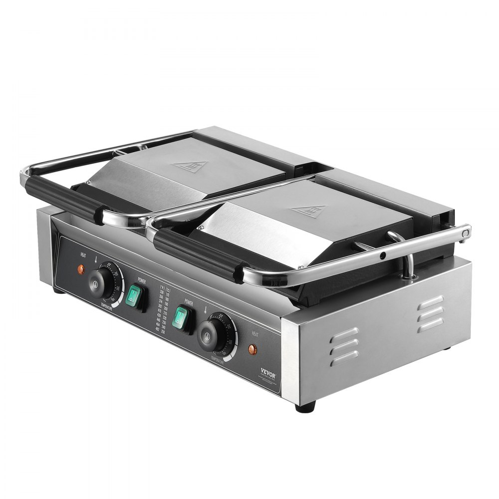 VEVOR Commercial Panini Grill, 3600W Elettrico Sandwich Panini Maker, Doppia Griglia in Acciaio Inox, con Controllo Temperatura e Piastra Piatta Smaltata 485 x 230 mm per Hamburger Bistecca Pancetta