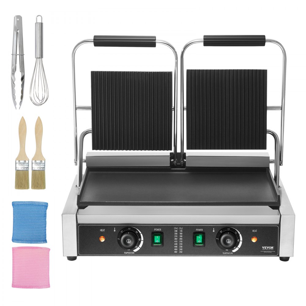 VEVOR Commercial Panini Grill, 3600W Elettrico Sandwich Panini Maker, Doppia Griglia in Acciaio Inox, con Controllo Temperatura e Piastra Piatta Smaltata 485 x 230 mm per Hamburger Bistecca Pancetta