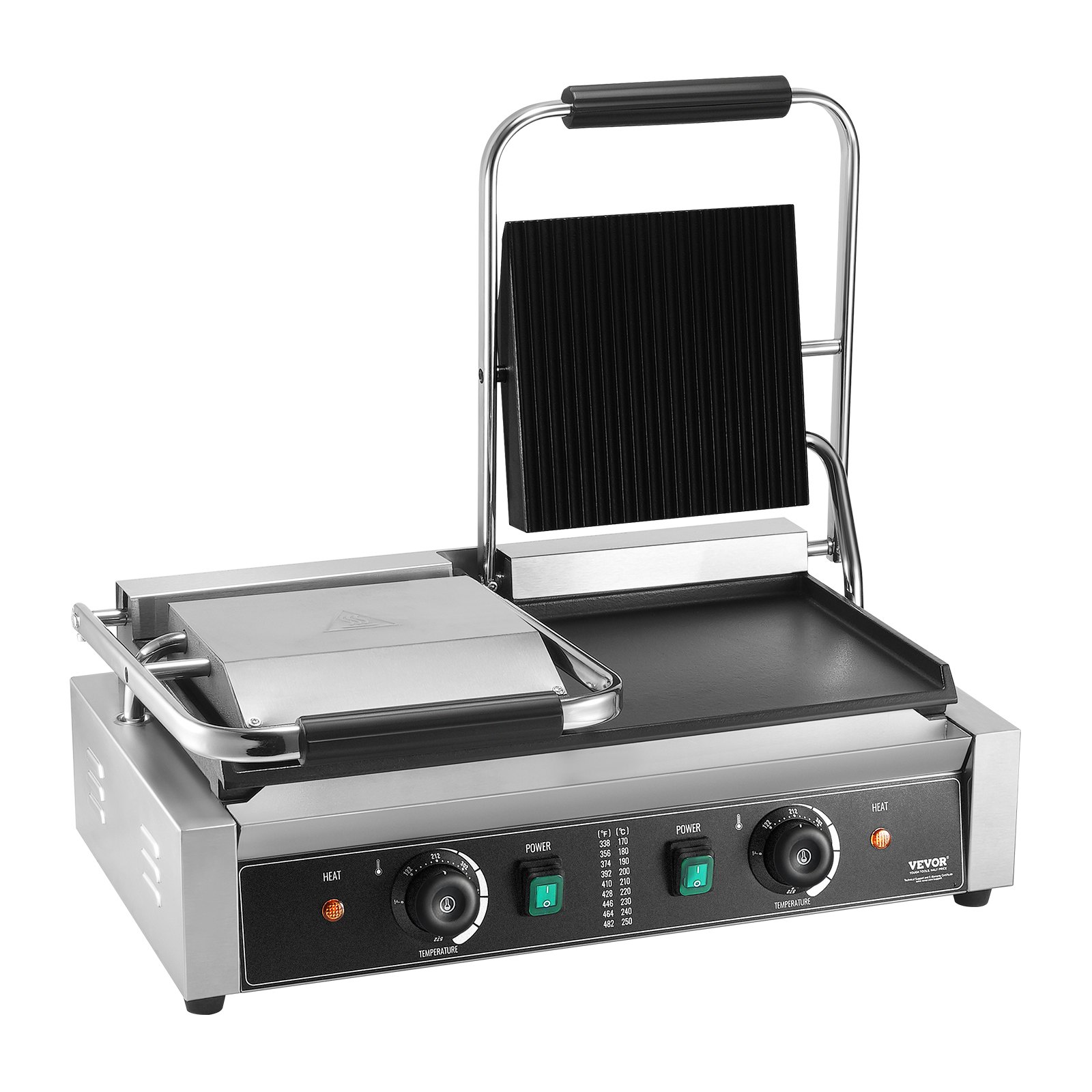 VEVOR Commercial Panini Grill, 3600W Elettrico Sandwich Panini Maker, Doppia Griglia in Acciaio Inox, con Controllo Temperatura e Piastra Piatta Smaltata 485 x 230 mm per Hamburger Bistecca Pancetta
