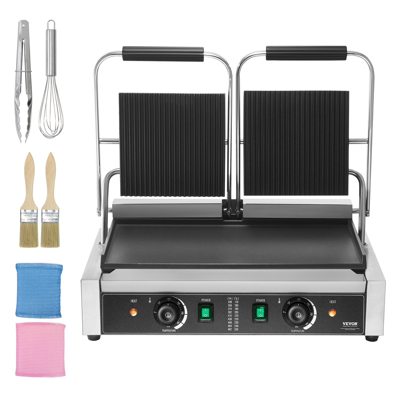VEVOR Commercial Panini Grill, 3600W Elettrico Sandwich Panini Maker, Doppia Griglia in Acciaio Inox, con Controllo Temperatura e Piastra Piatta Smaltata 485 x 230 mm per Hamburger Bistecca Pancetta