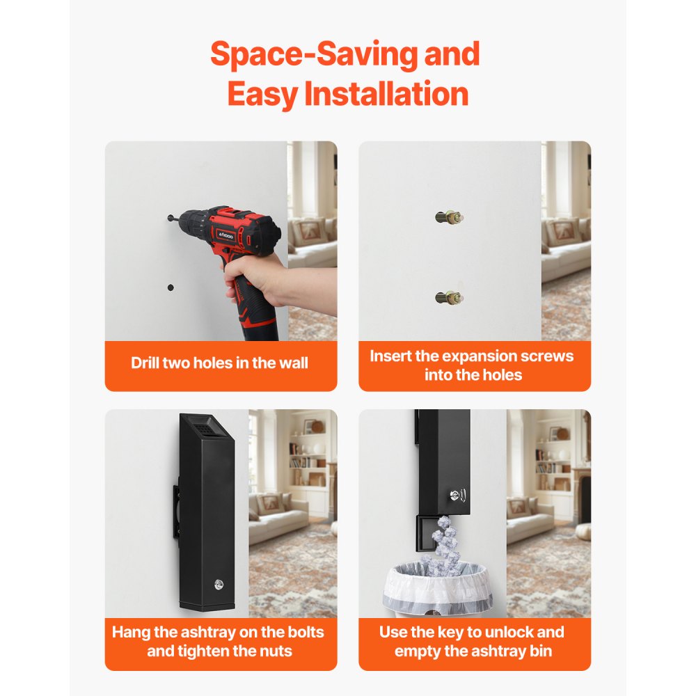 VEVOR Contenitore per Mozziconi di Sigaretta, Contenitore per Mozziconi di Sigaretta Cubico in Acciaio Inox a Parete, Smaltimento Mozziconi di Sigaretta, Resistente alle Intemperie Esterni Nero