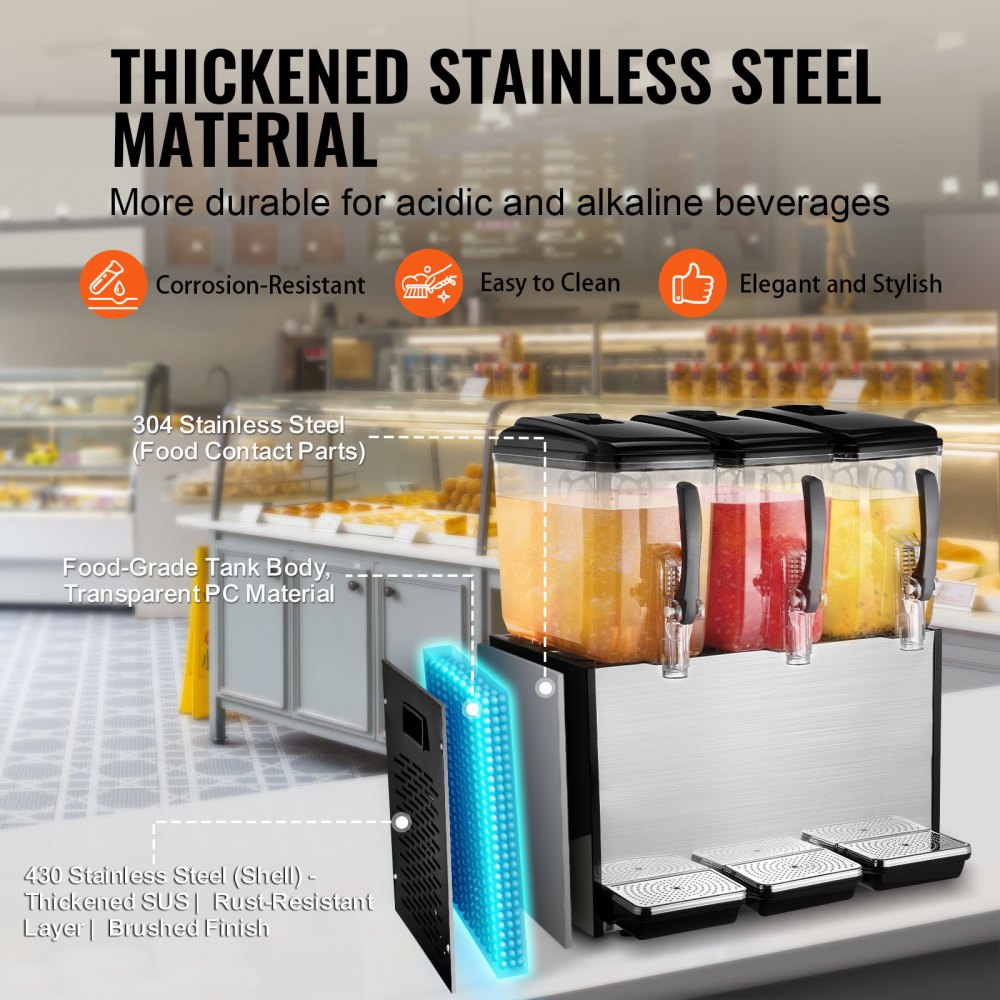 VEVOR Distributore di Bevande Commerciali, Distributore Succhi 3 x 12 L 370 W, Macchina Bevande in Acciaio Inox 304 Uso Alimentare, Temperatura Raffreddamento 7-12 °C, per Bevande Fredde, Ristoranti