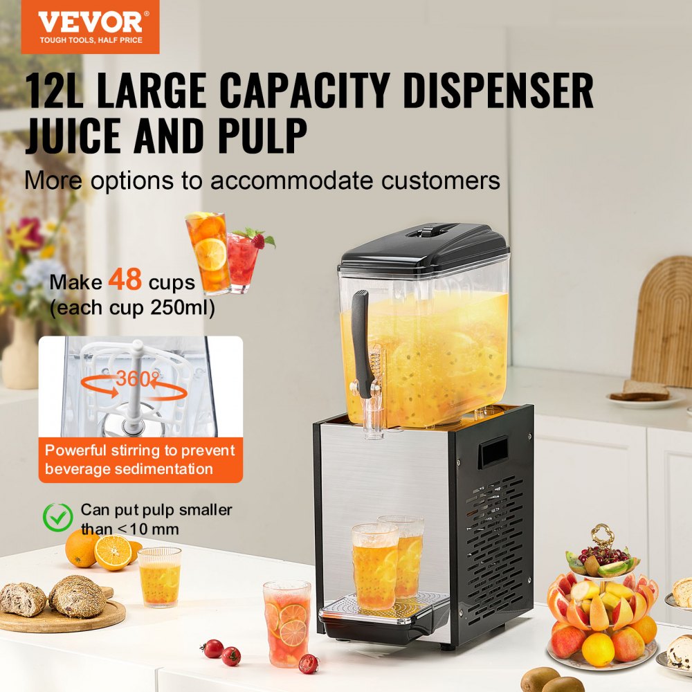 VEVOR Distributore di Bevande Commerciali, Distributore Succhi 12 L 246 W, Macchina Bevande in Acciaio Inox 304 Uso Alimentare con Temperatura Raffreddamento 7-12 °C, per Bevande Fredde, Ristoranti