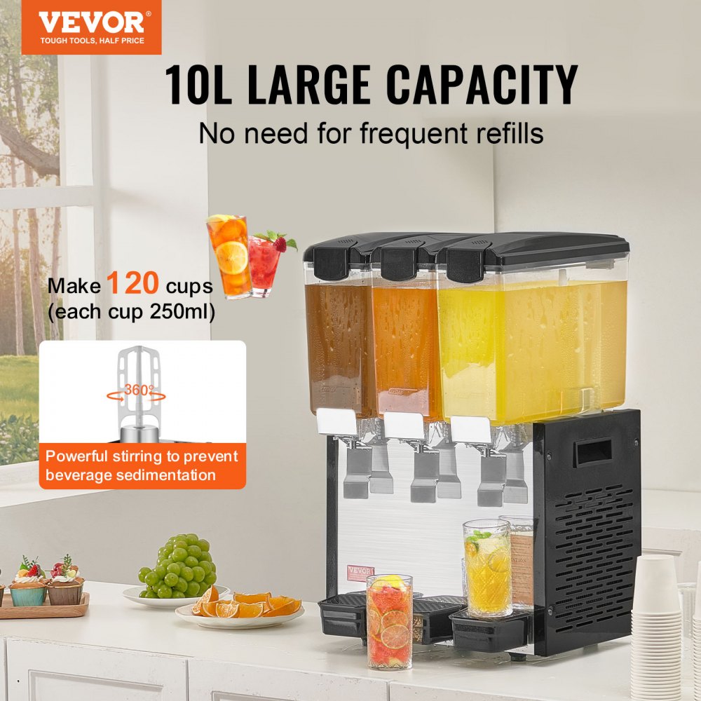 VEVOR Distributore di Bevande Commerciali, Distributore Succhi 3 x 10 L 440 W, Macchina Bevande in Acciaio Inox 304 Uso Alimentare, Temperatura Raffreddamento 7-12 °C, per Bevande Fredde, Ristoranti