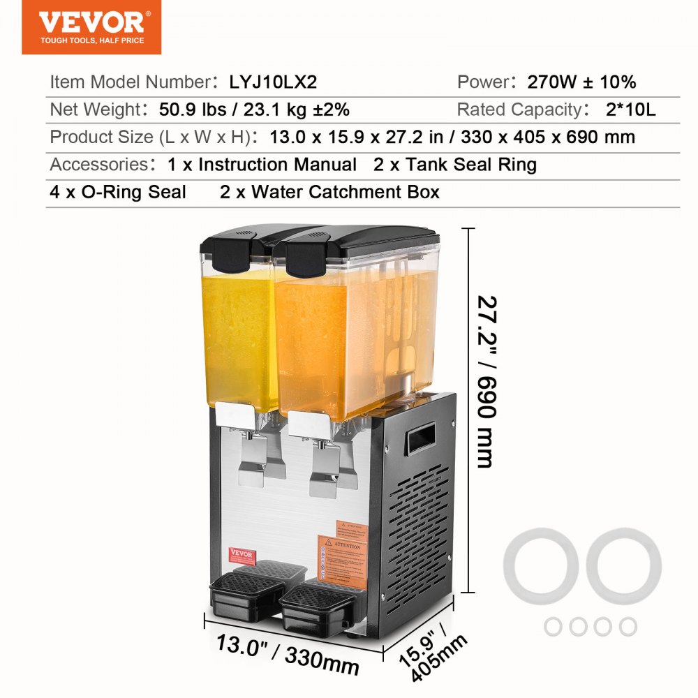 VEVOR Distributore di Bevande Commerciali, Distributore Succhi 2 x 10 L 270 W, Macchina Bevande in Acciaio Inox 304 Uso Alimentare, Temperatura Raffreddamento 7-12 °C, per Bevande Fredde, Ristoranti
