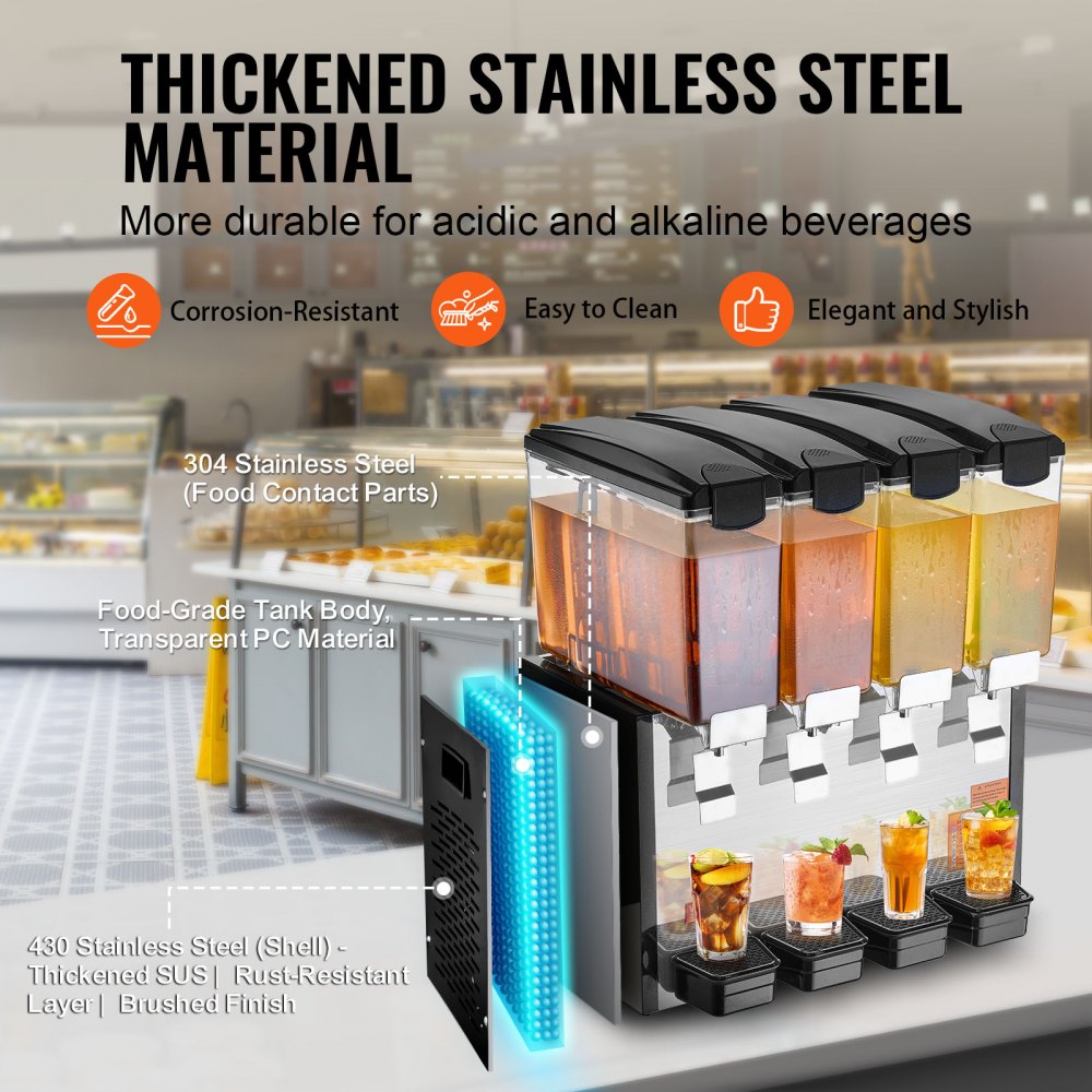 VEVOR Distributore di Bevande Commerciali, Distributore Succhi 4 x 10 L 430 W, Macchina Bevande in Acciaio Inox 304 Uso Alimentare, Temperatura Raffreddamento 7-12 °C, per Bevande Fredde, Ristoranti