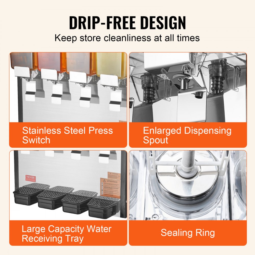 VEVOR Distributore di Bevande Commerciali, Distributore Succhi 4 x 10 L 430 W, Macchina Bevande in Acciaio Inox 304 Uso Alimentare, Temperatura Raffreddamento 7-12 °C, per Bevande Fredde, Ristoranti