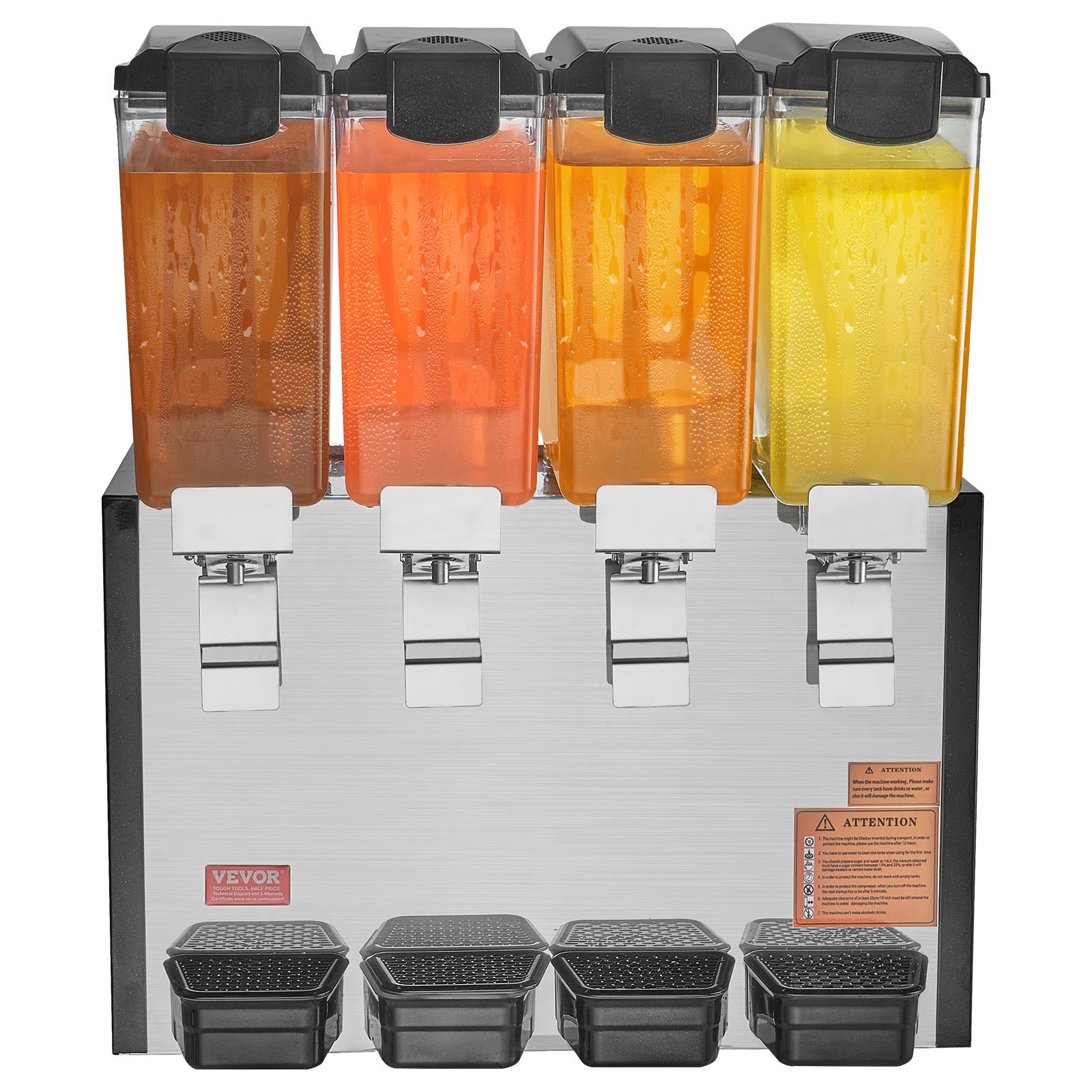VEVOR commercial beverage dispenser with 4 tanks, 10 L juice dispenser (per tank), 430 W stainless steel iced tea beverage dispenser with 7-12 °C cooling temperature, for cold drinks in restaurants, bars, parties, buffets, and catering.