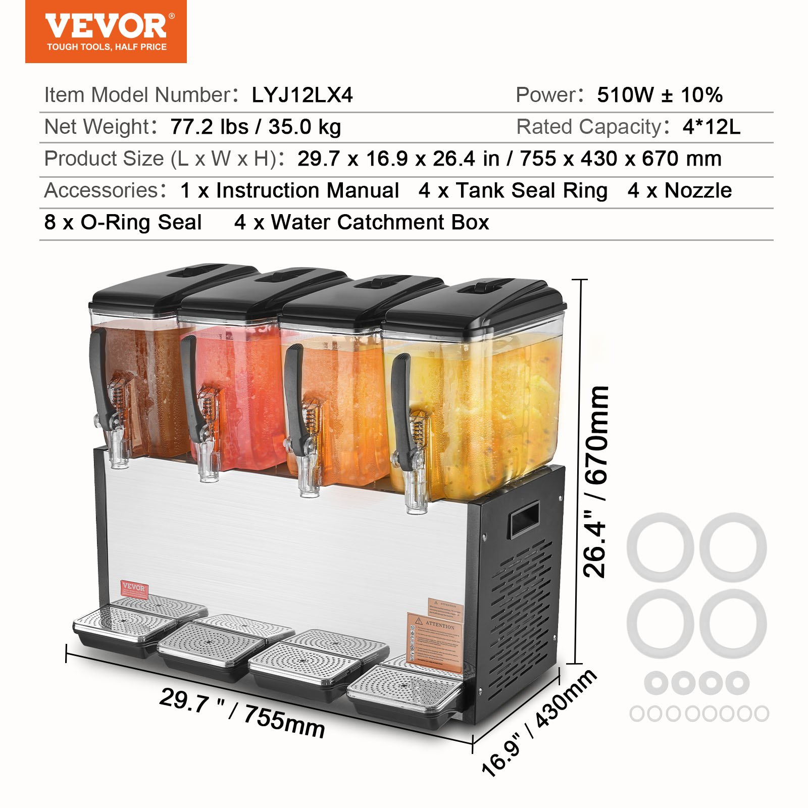 VEVOR commercial beverage dispenser with 4 tanks, juice dispenser 12 L (per tank), 510 W stainless steel iced tea beverage dispenser with 7-12 °C cooling temperature, for cold drinks, restaurant, bar, party, buffet, catering