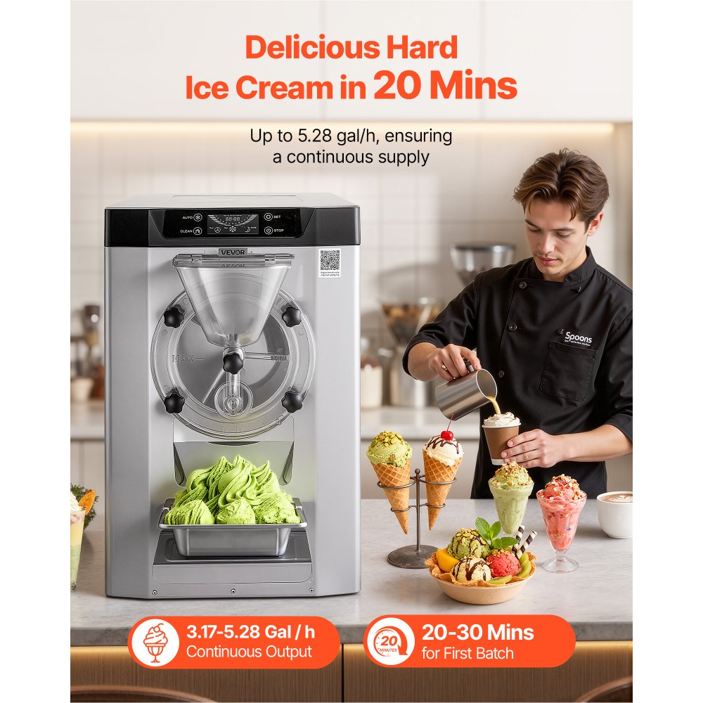 VEVOR Macchina per Ice Cream Duro Commerciale da Banco 2000 W 12-20 L/h, Gelatiera da Tavolo con Contenitore in Acciaio Inox da 6 L Pannello di Controllo LED Autopulente per Bar Cucina