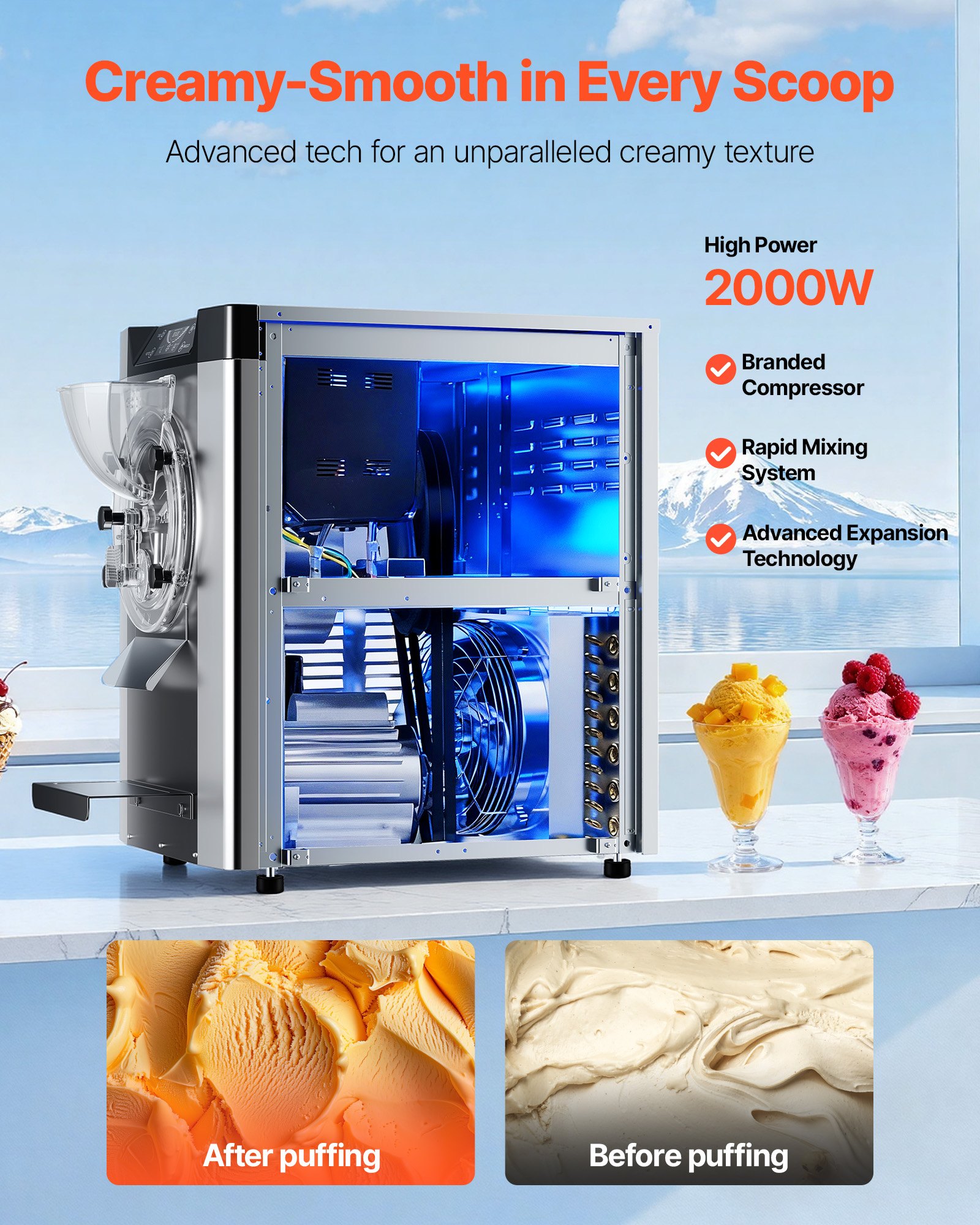 VEVOR Macchina per Ice Cream Duro Commerciale da Banco 2000 W 12-20 L/h, Gelatiera da Tavolo con Contenitore in Acciaio Inox da 6 L Pannello di Controllo LED Autopulente per Bar Cucina