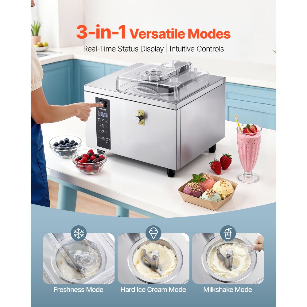 VEVOR Macchina per Ice Cream Duro Gelatiera da Banco 500 W Portata 5L/h per Preparazione di Gelato Duro Sorbetti, Macchina per Icecream Duro Cilindro in Acciaio Inox 304 da 2,8L Pannello LED