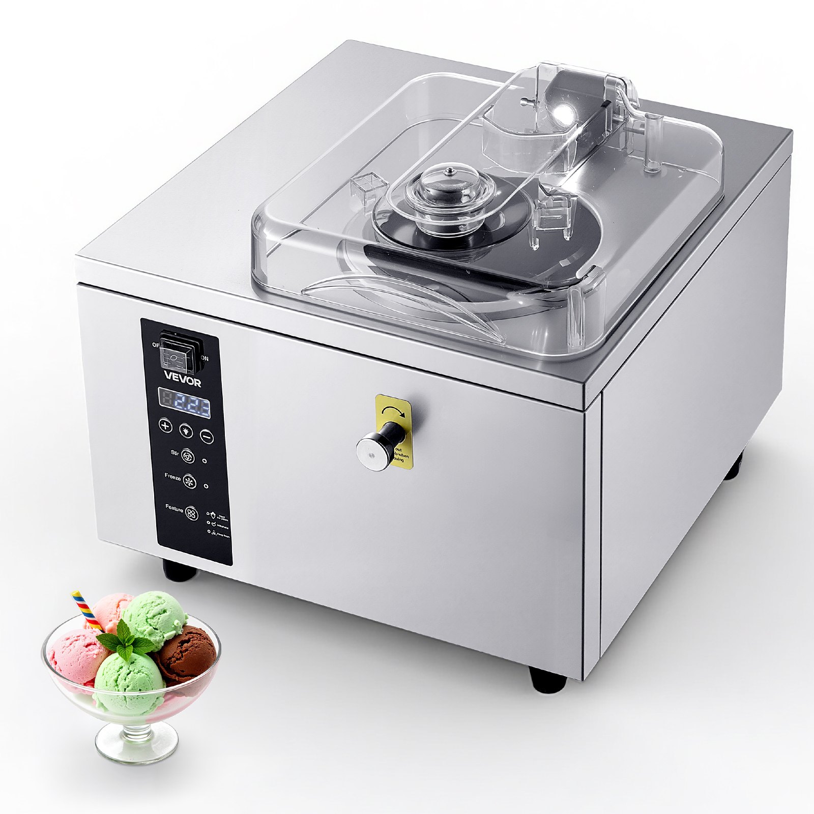 VEVOR Macchina per Ice Cream Duro Gelatiera da Banco 500 W Portata 5L/h per Preparazione di Gelato Duro Sorbetti, Macchina per Icecream Duro Cilindro in Acciaio Inox 304 da 2,8L Pannello LED