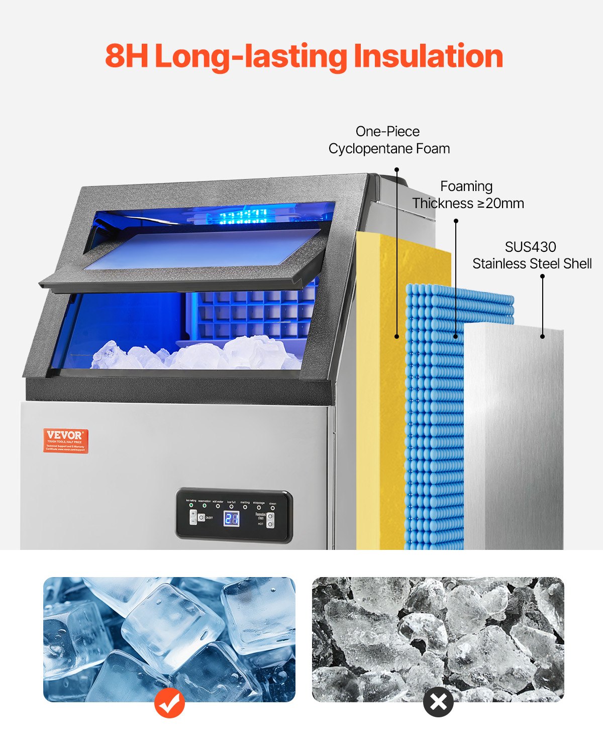 VEVOR Macchina per Ghiaccio Commerciale ca. 54,43 kg/giorno Macchina Cubetti di Ghiaccio Capacità Stoccaggio ca. 12,7 kg, Display Digitale LED, Bar, Catering, Hotel, Ristorante, Cucina Commerciale