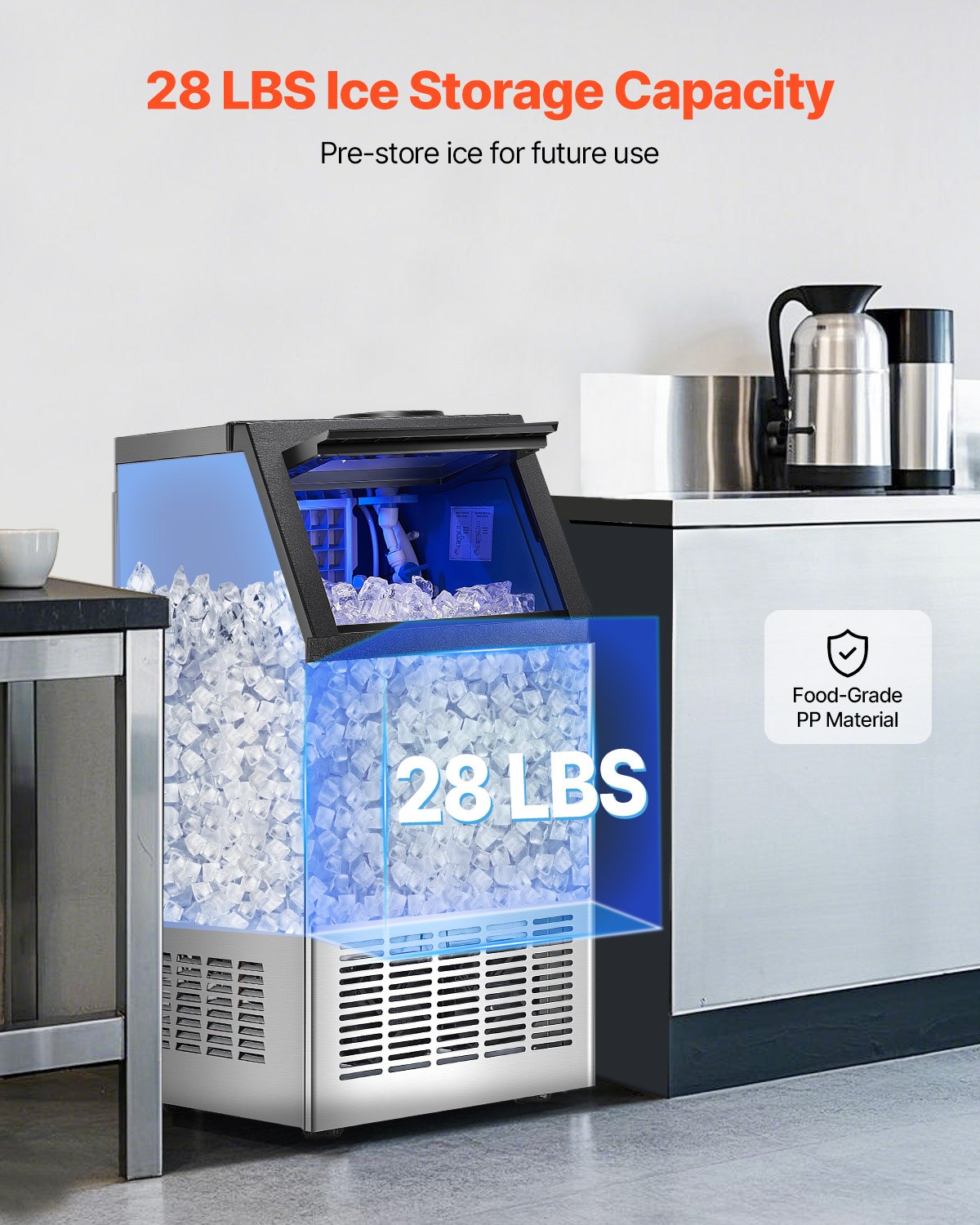 VEVOR commercial ice machine (54.43 kg/day) with 12.7 kg storage capacity, 36 ice cubes in 15 minutes, with LED digital display & 2 water addition options, for bar, office, restaurant