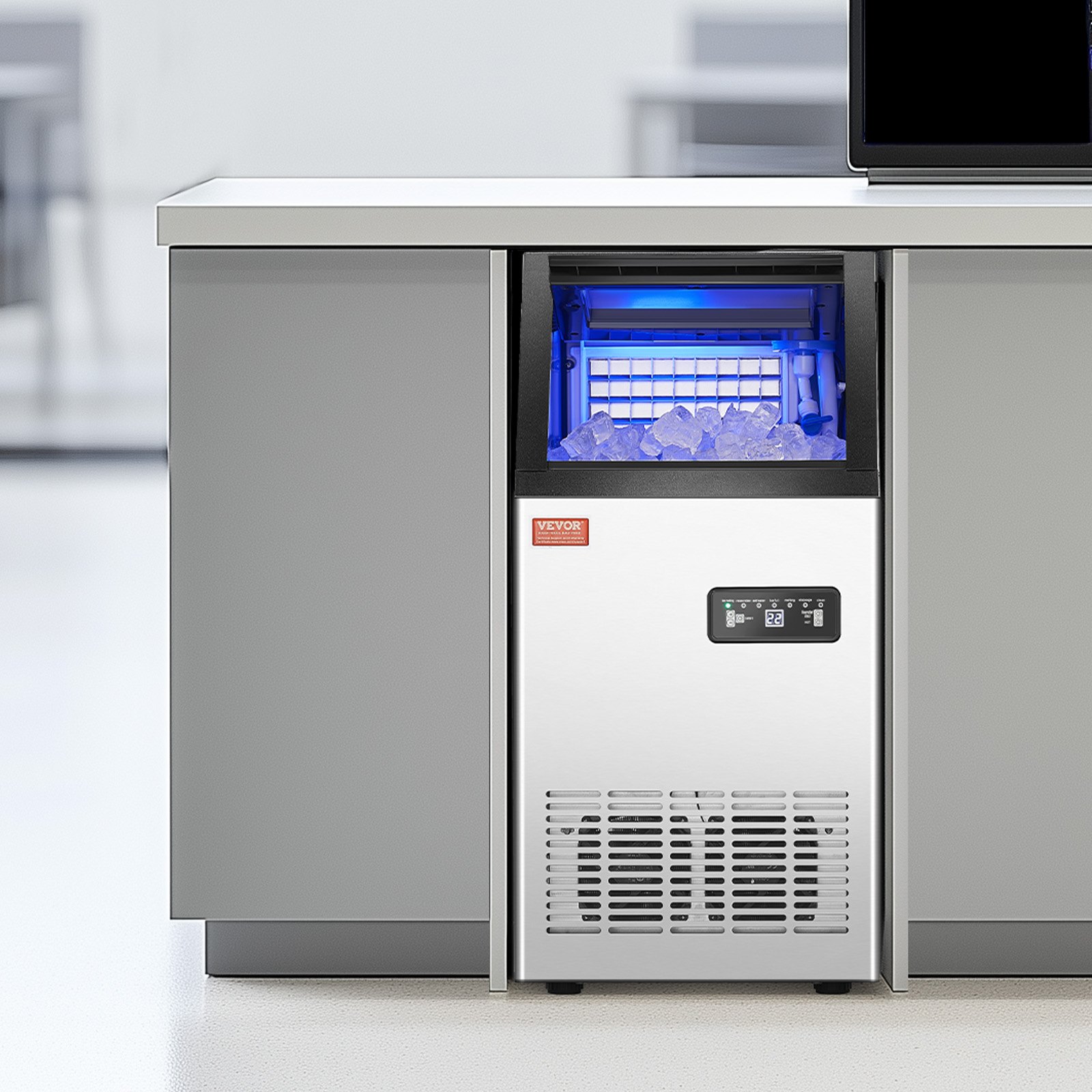 VEVOR commercial ice machine (54.43 kg/day) with 12.7 kg storage capacity, 36 ice cubes in 15 minutes, with LED digital display & 2 water addition options, for bar, office, restaurant