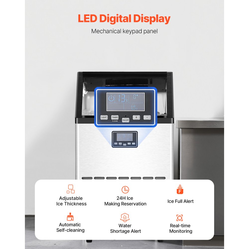 VEVOR Macchina per Ghiaccio Commerciale ca. 54,43 kg/giorno Macchina Cubetti di Ghiaccio Capacità di Stoccaggio ca. 14,97 kg, Display Digitale a LED, Indipendente, Autopulente, Bar, Catering, Hotel