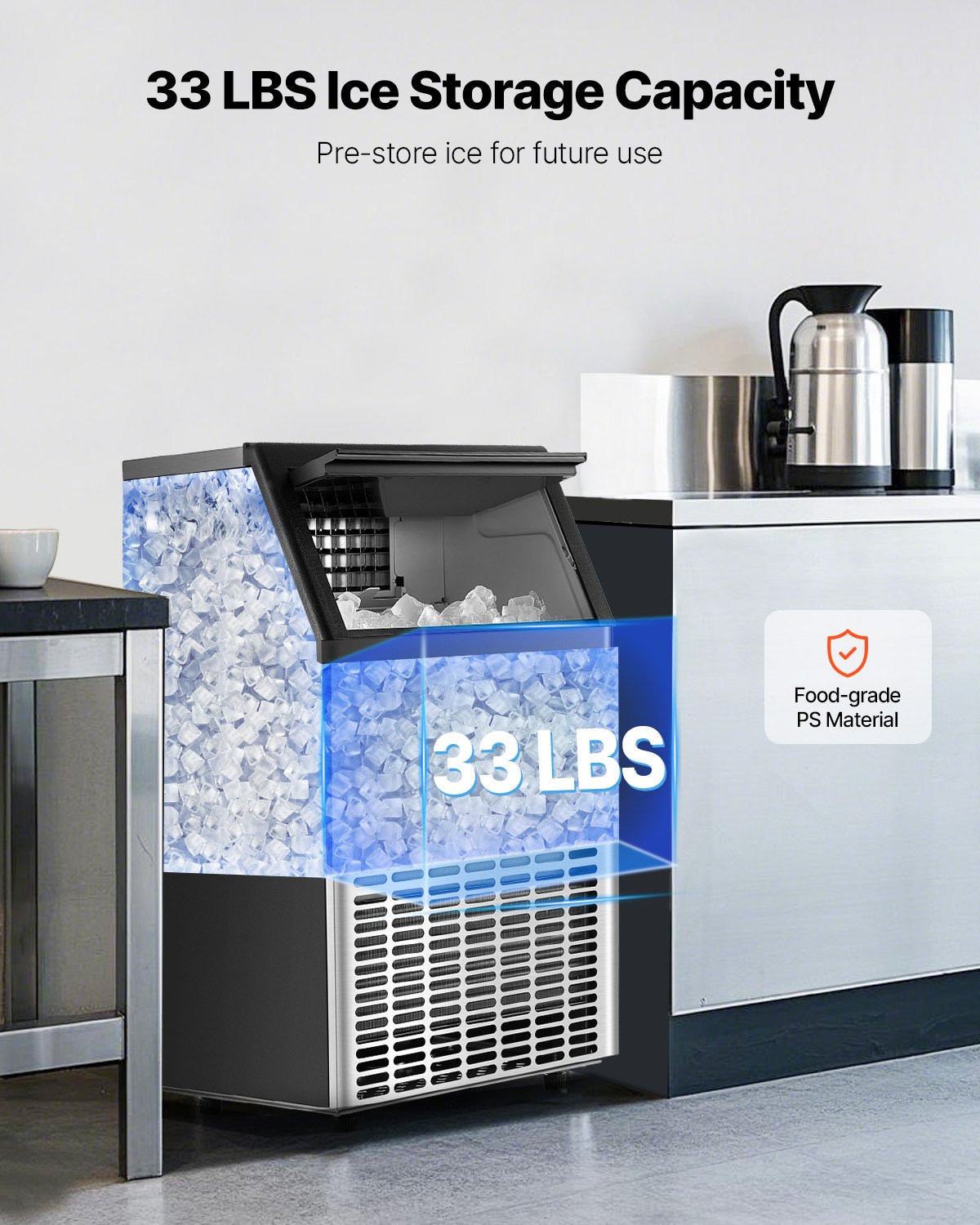 VEVOR Macchina per Ghiaccio Commerciale ca. 63,5 kg/giorno Macchina Cubetti di Ghiaccio Capacità di Stoccaggio ca. 14,97 kg, Display Digitale a LED, Indipendente, Autopulente, Bar, Catering, Hotel