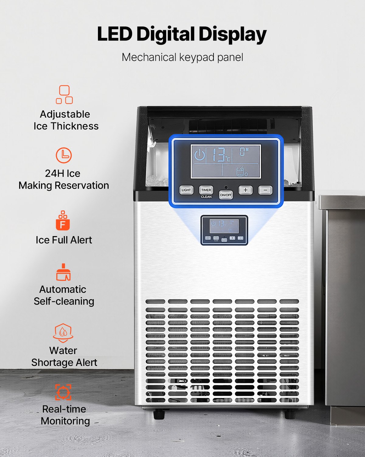 VEVOR Macchina per Ghiaccio Commerciale ca. 63,5 kg/giorno Macchina Cubetti di Ghiaccio Capacità di Stoccaggio ca. 14,97 kg, Display Digitale a LED, Indipendente, Autopulente, Bar, Catering, Hotel