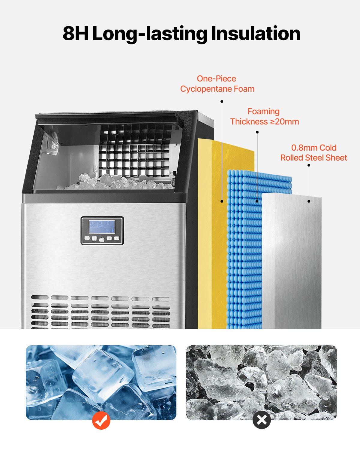 VEVOR Macchina per Ghiaccio Commerciale ca. 63,5 kg/giorno Macchina Cubetti di Ghiaccio Capacità di Stoccaggio ca. 14,97 kg, Display Digitale a LED, Indipendente, Autopulente, Bar, Catering, Hotel