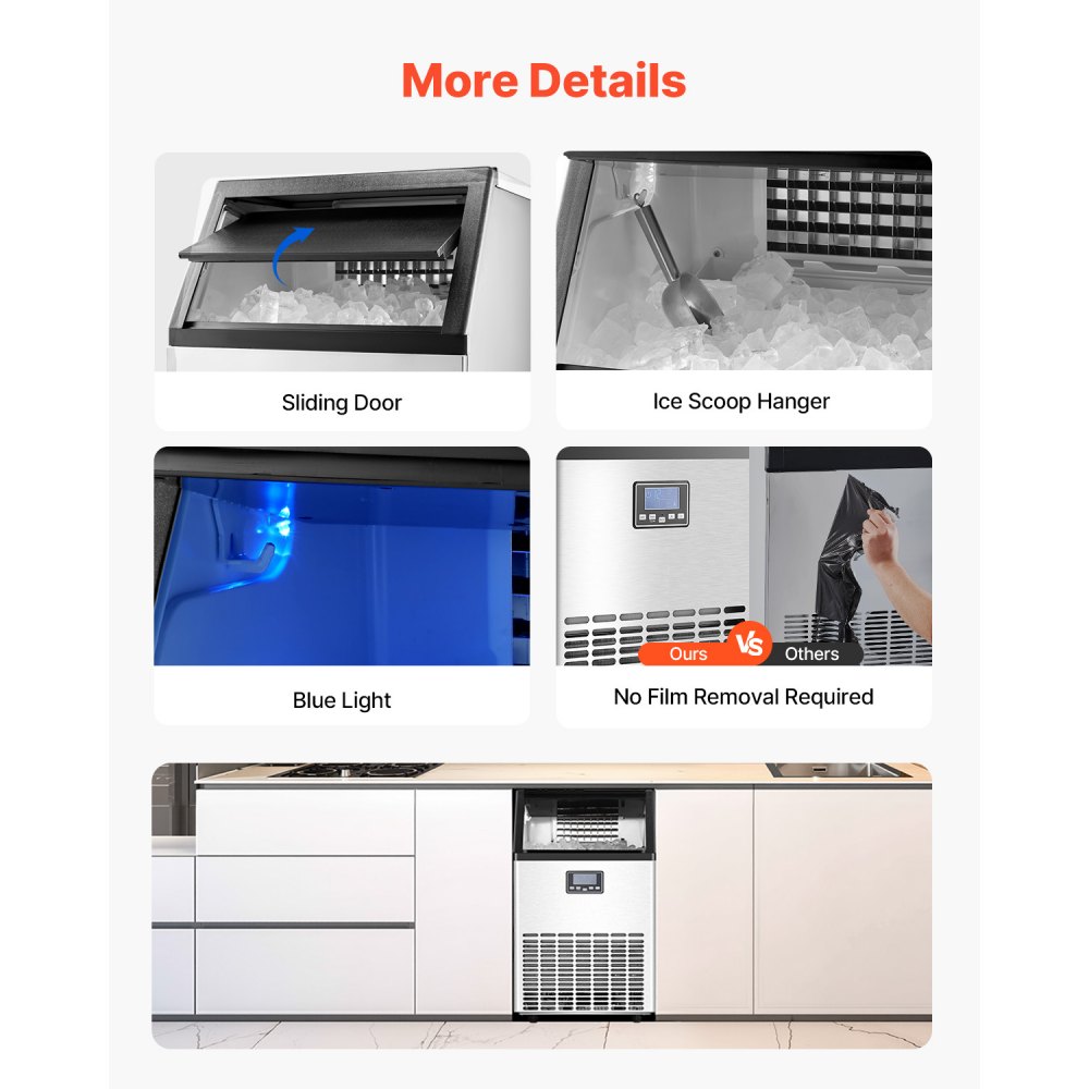 VEVOR Macchina per Ghiaccio Commerciale ca. 58,97 kg/giorno Macchina Cubetti di Ghiaccio Capacità di Stoccaggio ca. 14,97 kg, Display Digitale a LED, Indipendente, Autopulente, Bar, Catering, Hotel