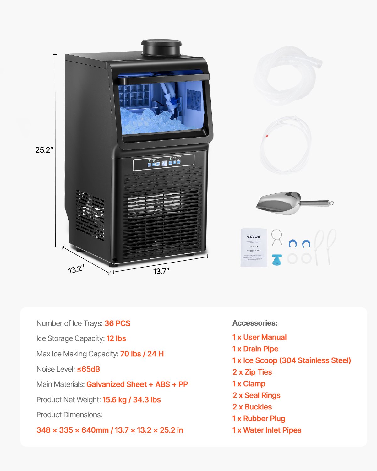 VEVOR Macchina per Ghiaccio Commerciale ca. 31,75 kg/giorno Macchina Cubetti di Ghiaccio Capacità Stoccaggio ca. 5,44 kg, Display Digitale LED, Bar, Catering, Hotel, Ristorante, Cucina Commerciale