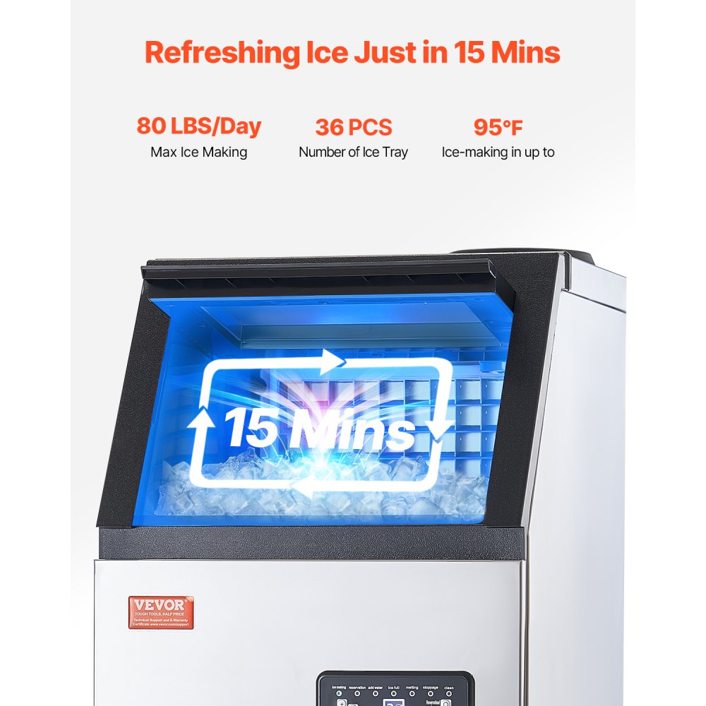 VEVOR Commercial Ice Machine, 80 lbs/24 h Ice Machine with 28 lbs Storage Capacity, 36 Ice Cubes in 15 Minutes, LED Digital Display, Freestanding, Self-Cleaning, for Bar, Office, Restaurant
