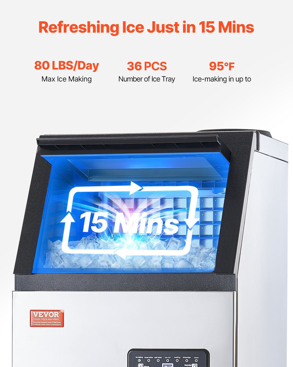 VEVOR Macchina per Ghiaccio Commerciale ca. 36,3 kg/giorno Macchina Cubetti di Ghiaccio Capacità Stoccaggio ca. 12,7 kg, Display Digitale LED, Bar, Catering, Hotel, Ristorante, Cucina Commerciale