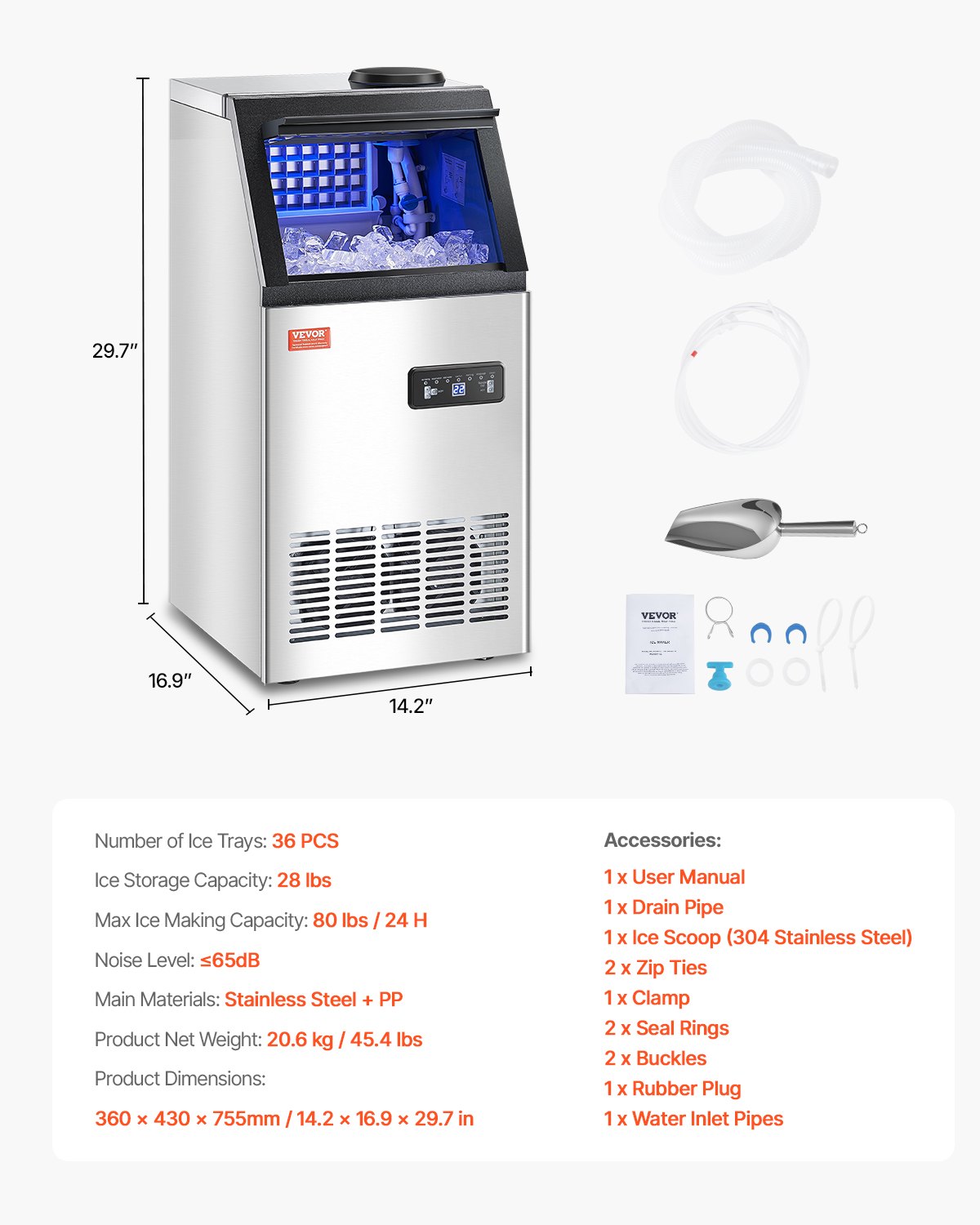 VEVOR Commercial Ice Machine, 80 lbs/24 h Ice Machine with 28 lbs Storage Capacity, 36 Ice Cubes in 15 Minutes, LED Digital Display, Freestanding, Self-Cleaning, for Bar, Office, Restaurant