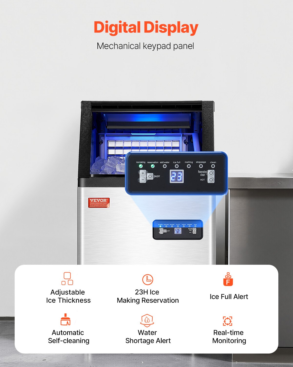 VEVOR Macchina per Ghiaccio Commerciale ca. 45,36 kg/giorno Macchina Cubetti di Ghiaccio Capacità di Stoccaggio ca. 7,26 kg, Display Digitale a LED, Indipendente, Autopulente, Bar, Catering, Hotel
