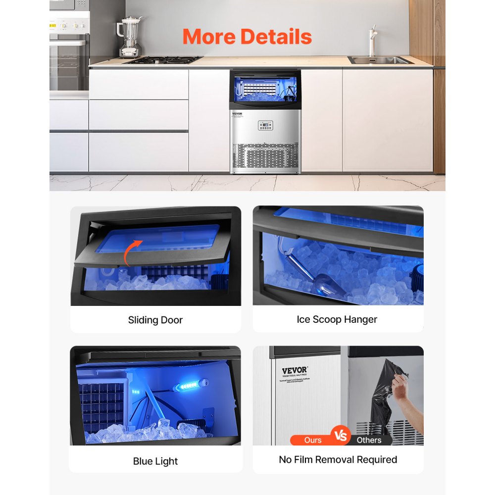 VEVOR Macchina per Ghiaccio Commerciale 40,82 kg/giorno Macchina Cubetti di Ghiaccio Capacità di Stoccaggio ca. 14,97 kg, Display Digitale a LED, Indipendente, Autopulente, Bar, Catering, Hotel