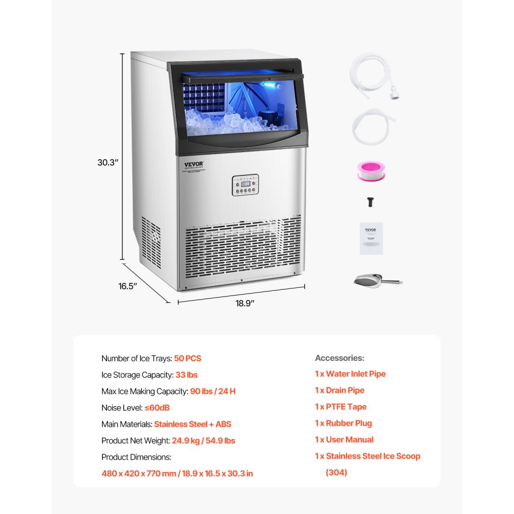 VEVOR commercial ice machine (40.82 kg/day) Ice maker with 14.97 kg storage capacity, 50 ice cubes in 15 minutes, LED digital display, freestanding, self-cleaning, for bar, office, restaurant