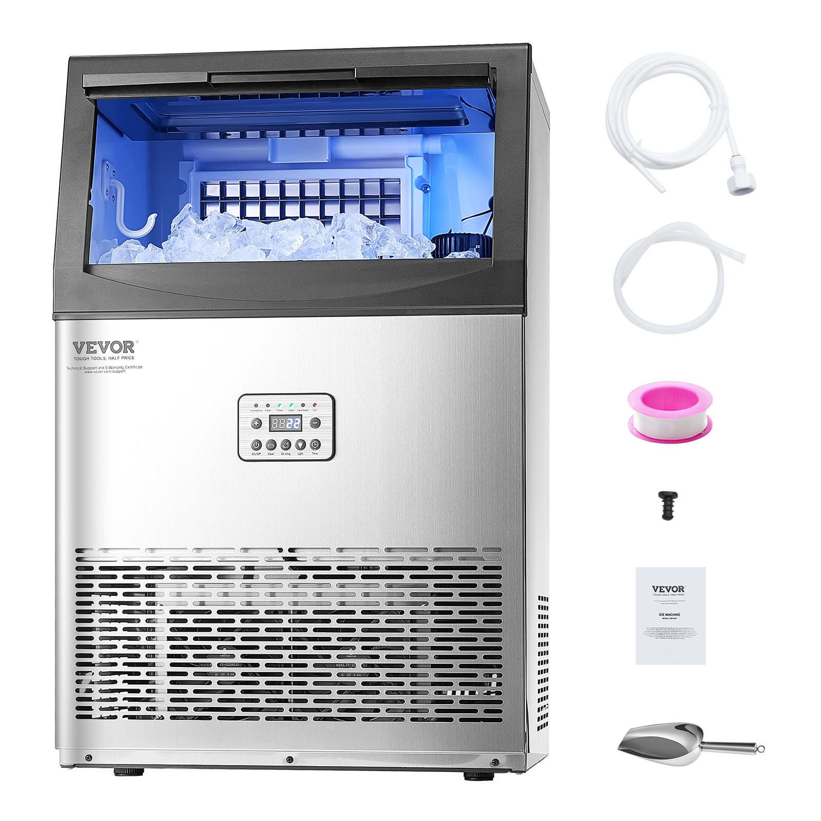 VEVOR commercial ice machine (40.82 kg/day) Ice maker with 14.97 kg storage capacity, 50 ice cubes in 15 minutes, LED digital display, freestanding, self-cleaning, for bar, office, restaurant