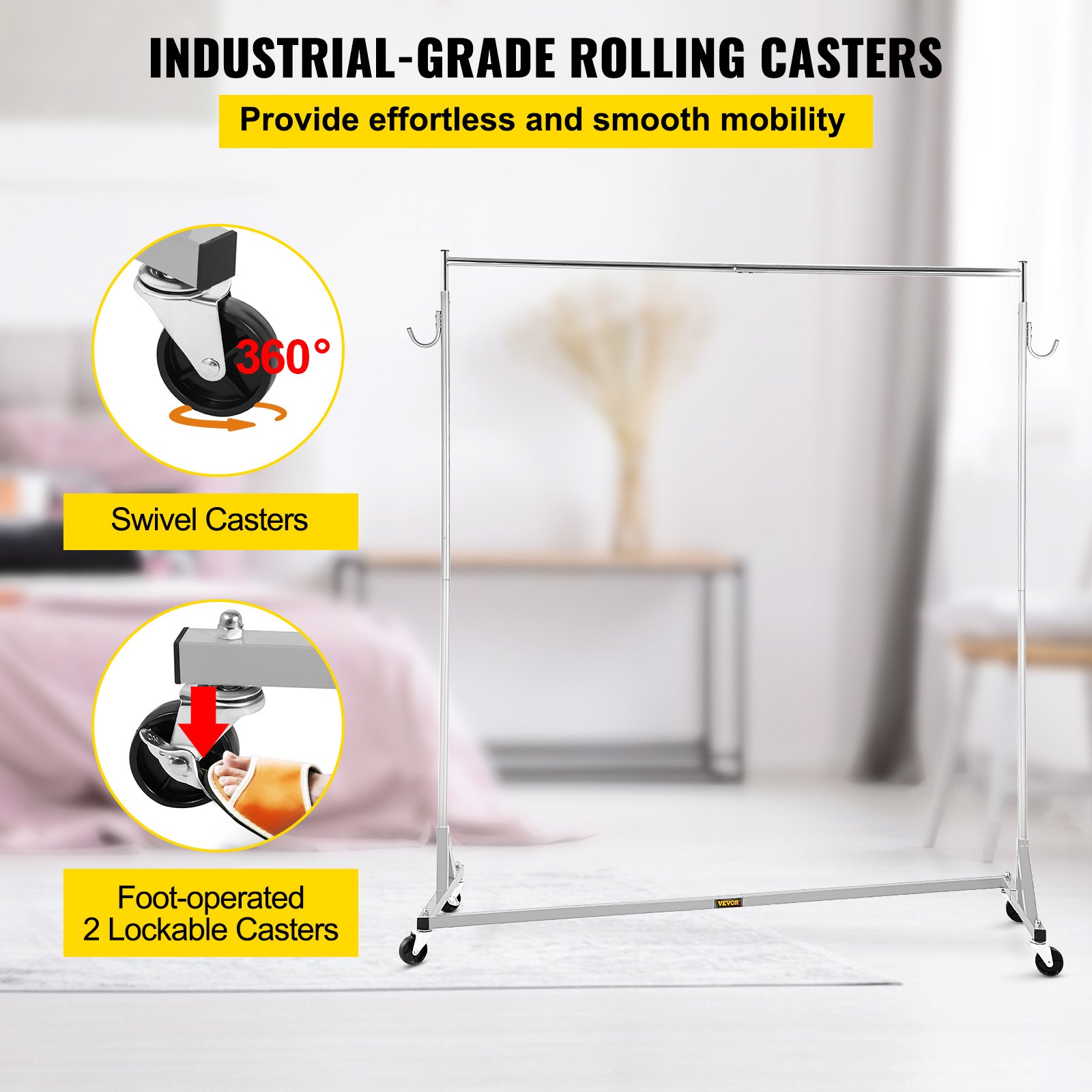 VEVOR Stand Appendiabiti Base Forma Z, Appendiabiti con Ruote Bloccabile Colore Argento, 60x159x170cm Stendino Appendiabiti Singolo Altezza Regolabile 100-170cm, Stand per Vestiti Max capacità 136 kg