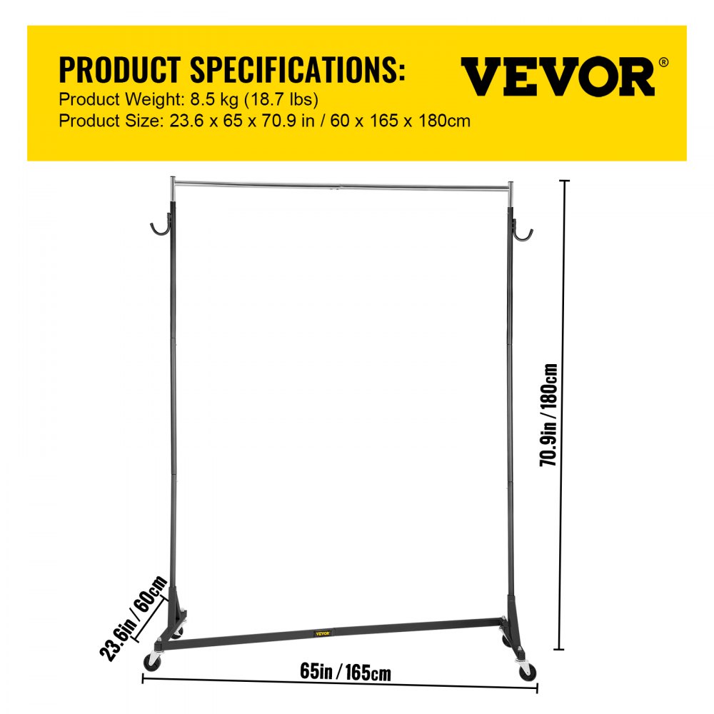 VEVOR Supporto Appendiabiti Base Forma Z 60x165x180cm Appendiabiti con Ruote Bloccabile Colore Nero Stendino Appendiabiti Singolo Altezza Regolabile