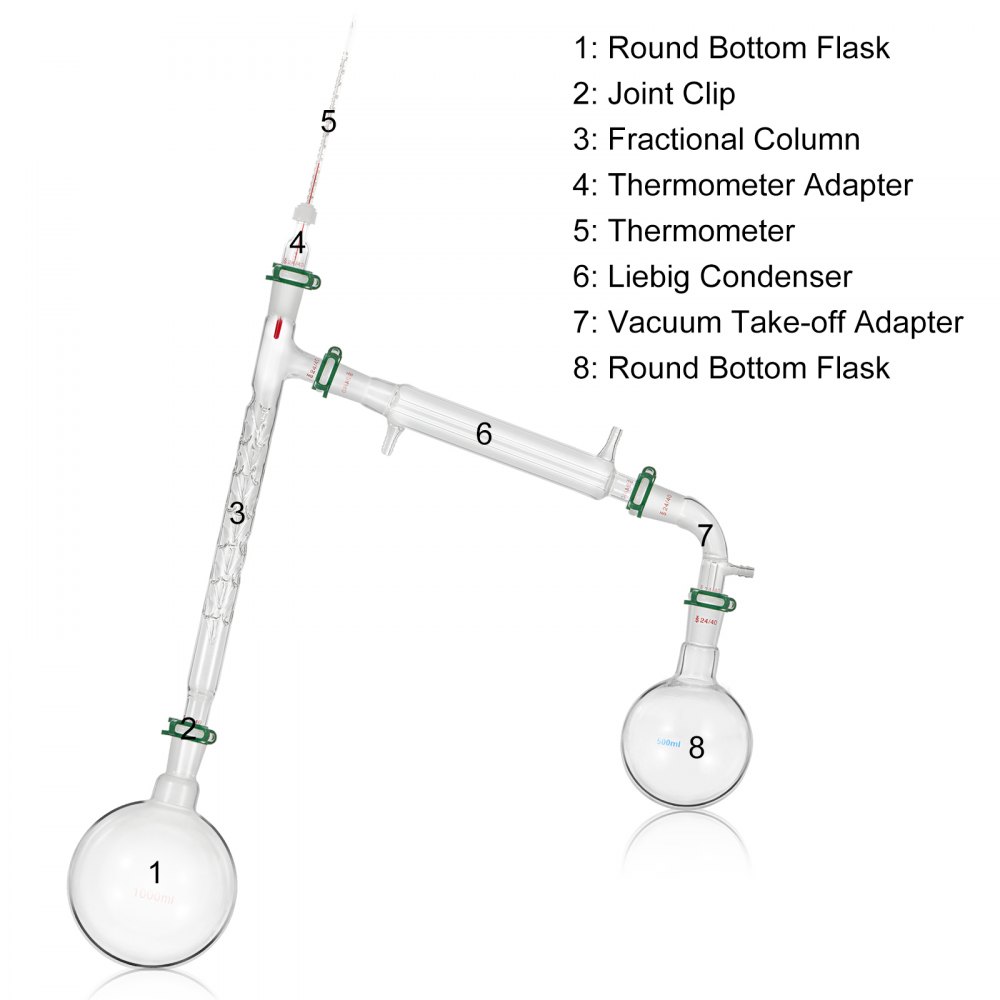 VEVOR Kit di Distillazione,13 Pezzi Kit di Vetreria da Laboratorio, Giunti 24/40 Kit di Distillazione da Laboratorio, 1L Kit di Vetreria per Purificatore in Vetro, per Essiccazione, Cristallizzazione