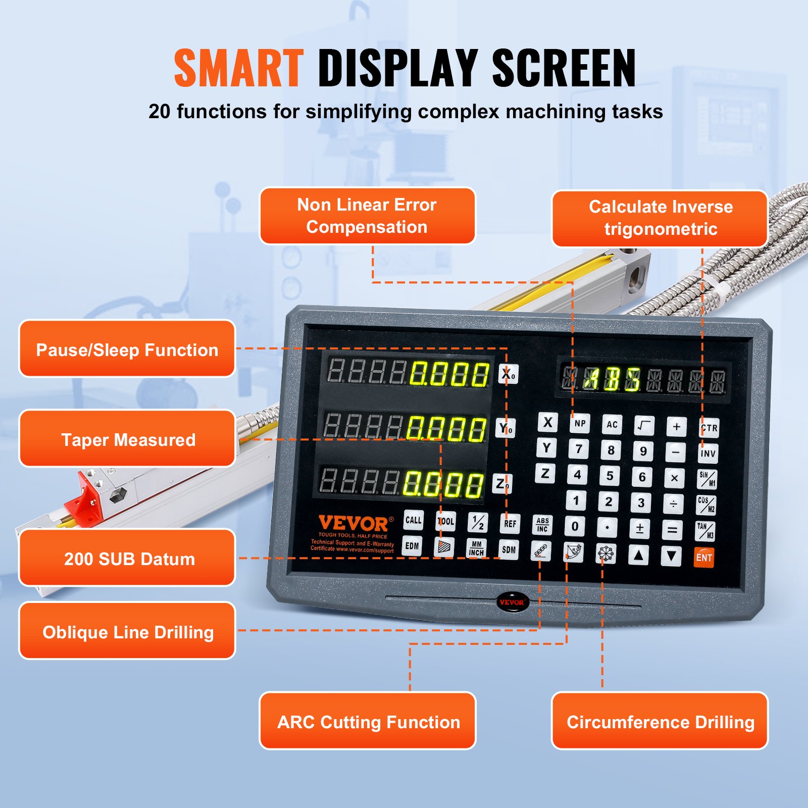 VEVOR Display digitale, 250, 500, 600 mm, scala lineare a 3 assi DRO asta di supporto portacoltelli piastra cavo di alimentazione supporto dell'orologio pezzo a farfalla vite coperchio righello